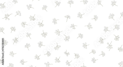 Minimalist sprigs or dandelion seeds made of tiny dots are scattered gracefully across a white background in a subtle and delicate pattern.