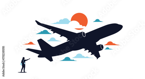 Silhouette of a traveler waves goodbye to a large passenger airplane taking off into a sky with clouds and a bright orange sun.