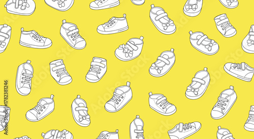 Doodles of various baby and toddler shoes, including sneakers and sandals, create a cute seamless pattern over a bright yellow background.
