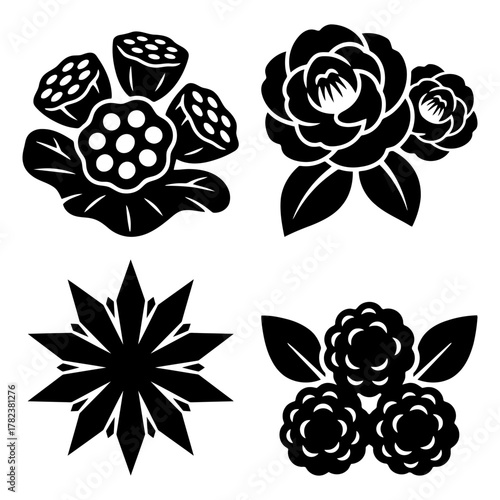 Four different floral designs in black silhouette, vector graphics