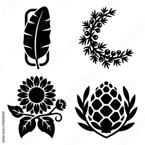 Collection of botanical silhouettes featuring a banana leaf, juniper branch, sunflower, and pine cone