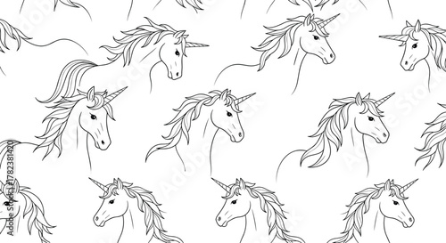 Mythical unicorn heads with flowing manes are illustrated in a black and white line art style for a magical seamless fantasy pattern.
