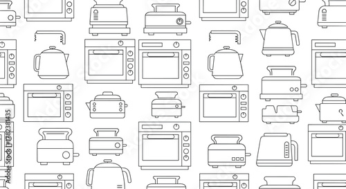 Household kitchen appliances like toasters, ovens, and kettles are arranged in a seamless line art pattern on a plain white background.