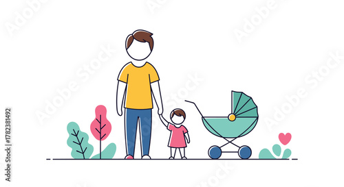Loving father stands with his young daughter and a baby in a stroller, depicting a happy family moment in a simple, modern illustration.