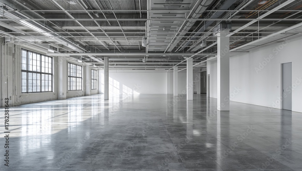 Fototapeta premium Interior space in an office building available for lease, highlighting modern architectural design