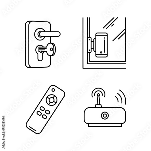 Smart home device illustrations including keylock and remote control , window lock, router 