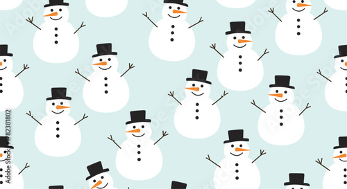 Joyful snowmen wearing black top hats are smiling in a repeating pattern on a light blue background, creating a festive winter scene.