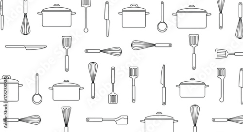 Cooking utensils like whisks, spatulas, and pots are arranged in a seamless black and white line art pattern for a kitchen theme.