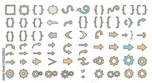 Collection of diverse vector graphic elements including brackets, various arrow styles, gears, and decorative shapes, perfect for infographics, articles, books, flyers, and banners, featuring