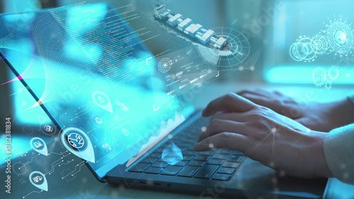Hands typing on laptop with holographic interface of cargo ship and global logistics, representing digital transformation in international supply chain and smart shipping.