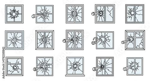 Collection of line icons depicting broken windows, showcasing various impact patterns and damage, ideal for graphic design, web elements, app interfaces, and advertising, presented as clean vector