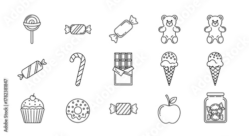 Collection of sweet candy line icons, including lollipop, wrapped candies, candy cane, chocolate bar, ice cream cones, cupcake, donut, teddy bear, apple, and jar of candies, perfect for infographics