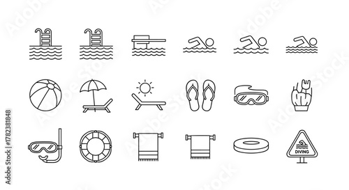 Bundle of minimalistic linear pictograms representing swimming pool activities and summer vacation essentials, perfect for web and graphic design, apps, banners, social networks, and cards, offering