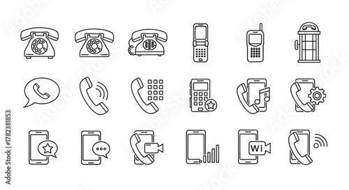 Collection of vintage and modern phone icons, including rotary phones, flip phones, smartphones with call, message, video, and settings icons, presented as outline signs for graphic and web design