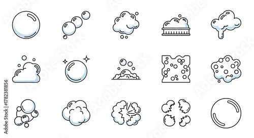 Collection of isolated line art icons representing bubbles and foam, perfect for graphic design, book illustrations, advertisements, and app development. This vector cartoon set features various