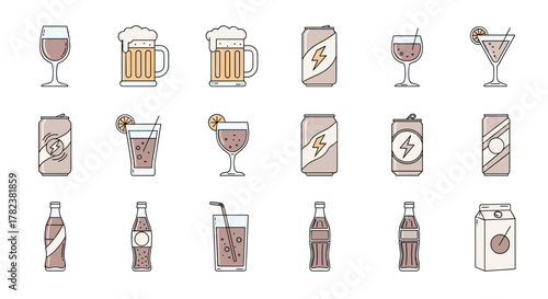 Collection of Alcoholic Drinks, Energy Drinks, and Soft Drinks, Illustrated with Thin Lines for Apps, Websites, Banners, and Infographics. This Set Features a Variety of Beverages Including Wine