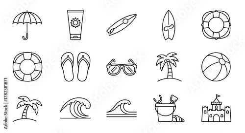 Collection of minimalist line icons representing summer beach vacation essentials, including an umbrella, sunscreen tube, surfboards, flip-flops, sunglasses, palm trees, waves, a beach ball, a