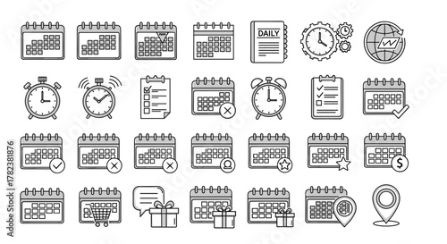 Collection of Calendar-Related Line Icons and Outline Signs for Graphic and Web Design, Apps, Advertisements, Various Cards, Vector Cartoon Illustration with a Daily Planner, Alarm Clocks