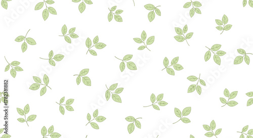Scattered light green leaves with a delicate dotted texture are arranged in a simple and fresh seamless pattern on a white background.