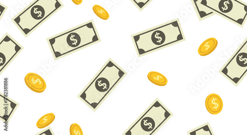 Falling dollar bills and golden coins are scattered in a seamless pattern, symbolizing wealth, finance, success, and economic concepts.