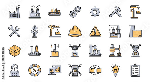 Collection of factory and manufacture signs, drawn with thin line style, perfect for apps, websites, banners, infographics, and various design projects. Vector cartoon illustration representing