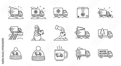 Winter Delivery Truck Icon Set: A collection of thin line vector illustrations depicting trucks in snowy conditions, delivering packages, Christmas trees, and more, suitable for graphic design, web