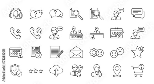 Customer service and support line icons collection, big UI icon set in a flat design, thin outline icons pack, vector illustration EPS10, ordered line. This comprehensive set features icons for