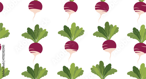 Healthy purple radishes with vibrant green tops are organized in rows, creating a simple and fresh seamless vegetable garden pattern.