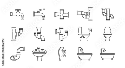 Collection of minimalistic outline icons representing plumbing and bathroom fixtures, including various faucets, pipes, toilets, sinks, showers, and bathtubs, designed for web and graphic design