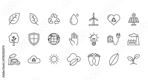 Environmental Protection Line Icon Pack: Nature Conservation Outline Signs for Graphic and Web Design, Apps, Adverts, Various Cards, Vector Cartoon Illustrations, Eco-Friendly Symbols, Renewable
