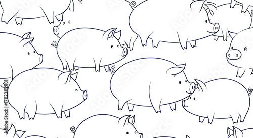 Amusing hand-drawn pigs are crowded together in a cute and chaotic seamless pattern, rendered in a simple blue line art style.