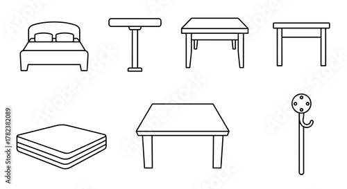 Simple outline icons bundle featuring a bed, various tables, a mattress, and a coat hook, perfect for graphic design projects like cards, posts, apps, and websites, offering a clean and modern