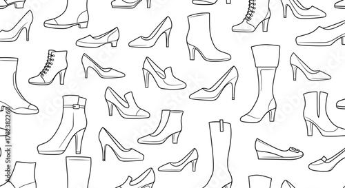Assorted styles of women's footwear, such as high heels and boots, are illustrated in a black and white line art seamless pattern.