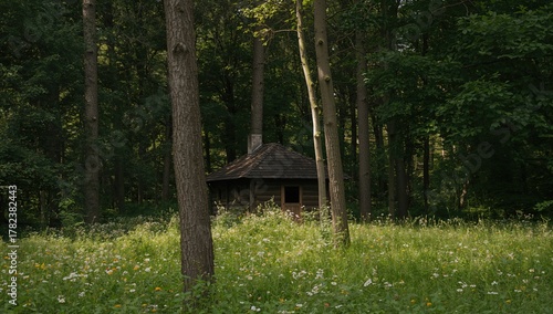 A small cabin nestled in a ...