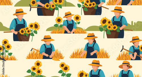 Farmers are harvesting sunflowers and tending to crops in this repeating pattern that illustrates agriculture and a rural farm lifestyle.