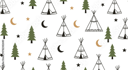 Outdoor camping scene with teepees, pine trees, moons, and stars creates a charming and adventurous seamless pattern on white background.