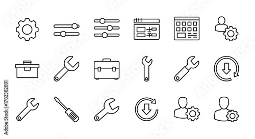 Collection of outline vector icons representing general settings, including a gear, sliders, control panel, toolbox, wrench, screwdriver, system update, and user preferences, symbolizing