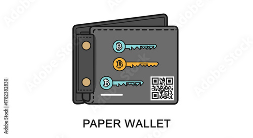 Paper Wallet Icon Set: A minimalist illustration of a paper wallet, symbolizing cryptocurrency security and digital asset management, featuring Bitcoin keys and a QR code for easy access and