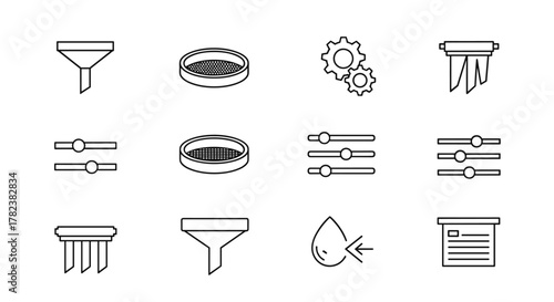 Set of 12 black line icons representing filters, sieves, gears, sliders, and a water drop with an arrow, symbolizing filtration, adjustment, and processing. Clean vector graphics on a white