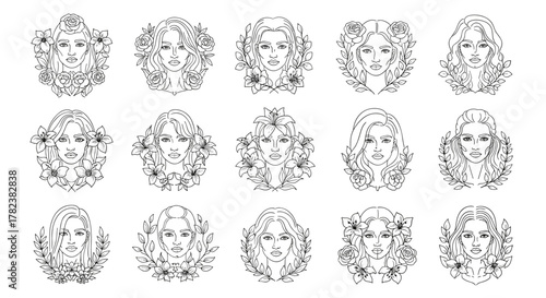 Collection of 15 elegant line art illustrations featuring diverse female faces framed by delicate floral arrangements, including roses and lilies, presented on a clean white background, perfect for