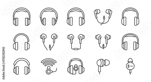 Collection of various thin line icon illustrations of headphones and earphones, suitable for web, books, cards, and apps, presented on a white background with editable strokes, offering a clean and