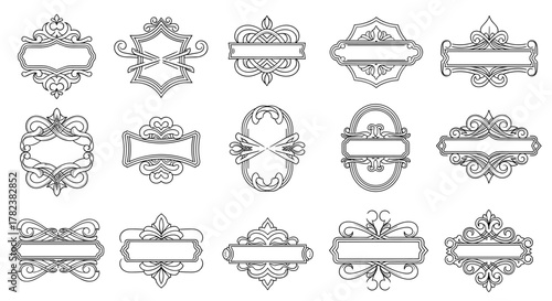 Collection of 15 Vintage Badge Logo Designs with Intricate Flourishes, Ornaments, and Swirls, Vector Cartoon Illustration on a White Background, Perfect for Branding and Graphic Resources, Clean Line