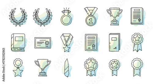 Collection of line art award icons with watercolor splashes, including laurel wreaths, a diamond ring, a first-place medal, a trophy cup, books, certificates, and various rosettes, perfect for web