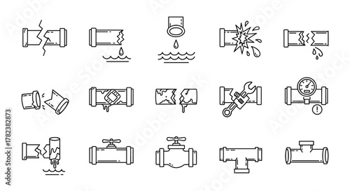 Collection of outline icons representing broken pipes, leaks, and plumbing repairs, perfect for web, books, cards, and apps, editable stroke, vector cartoon illustration with a white background.