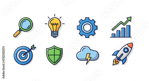 Set of eight flat design icons representing business concepts: magnifying glass for search, lightbulb for ideas, gear for mechanics, bar chart for growth, target for goals, shield for security, cloud