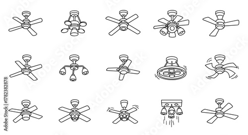 Collection of thin line icons representing various ceiling fans and ceiling lights with fans, perfect for web, books, cards, and apps. This vector cartoon illustration set on a white background