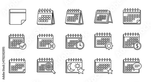 A comprehensive set of thin line icons representing various calendar functions and concepts, including a blank note, standard calendars, calendars with checkmarks, crosses, timers, gears, dollar