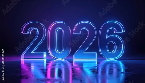 Futuristic 2026 neon glowing numbers in vibrant blue and purple light reflecting on a dark wet surface.
