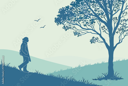 Lush Tree Silhouette on Hill with Conifer Forest Landscape Vector - Blue Duotone Graphic