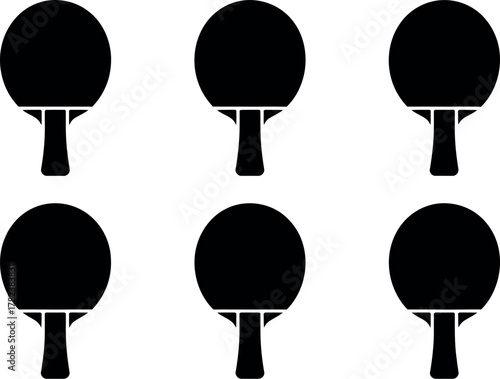 Six black table tennis rackets arranged in a pattern on a white background creating a simple graphic design